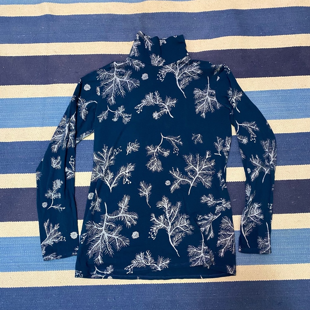 Simka Sol Hand Printed Dark Spruce Blue and Silver Flora Cotton Turtleneck